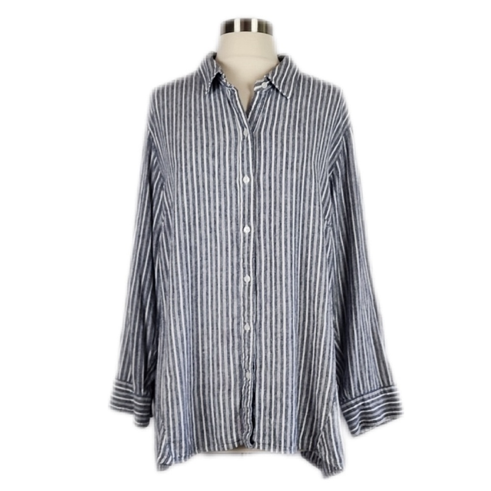 Jones New York Striped Linen Blend Roll Sleeve Button Down Shirt 2X